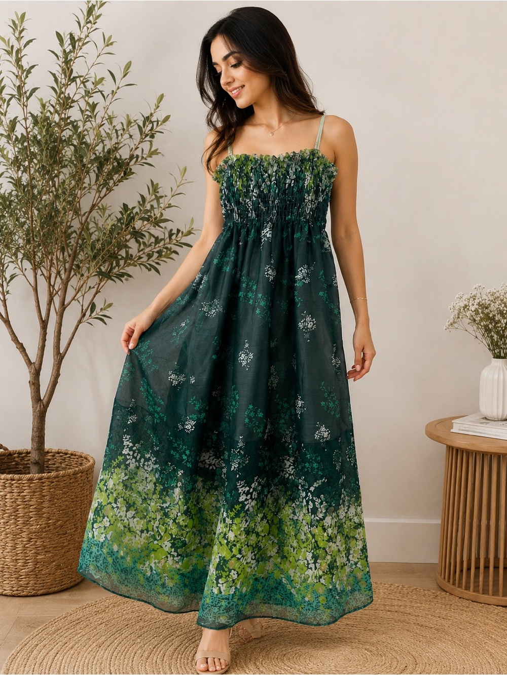 Women’s XS Green Floral Smocked Ankle Maxi Dress